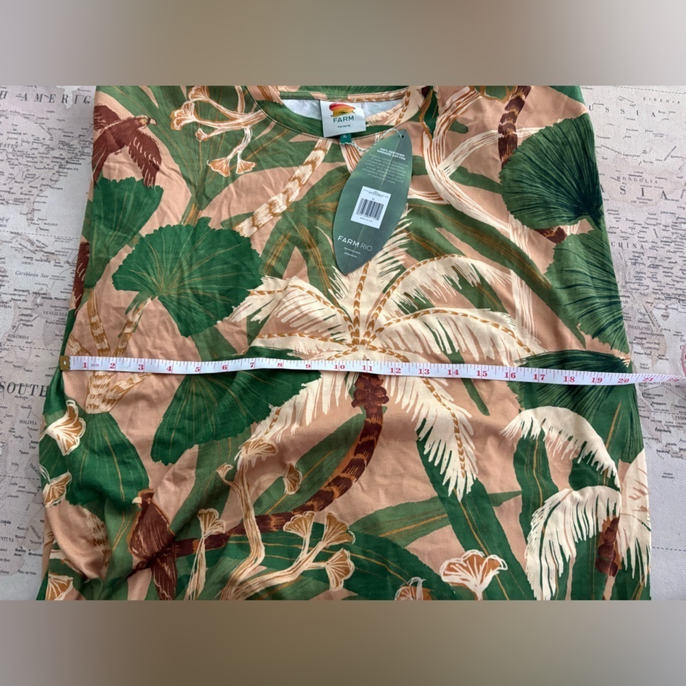 160$ Farm Rio Tropical Isla Padded Shoulders Midi Dress Size L Beige Green - Picture 11 of 12